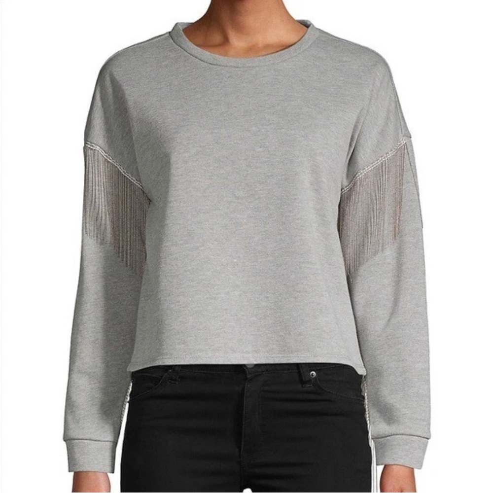 Women’s Saks 5 Avenue Renvy Fringe Trimmed Grey Sweater, size M